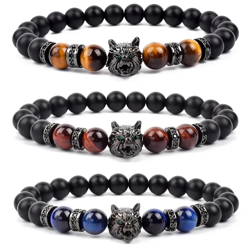 Wolf Charm Βραχιόλια Ανδρικά Φυσικοί Μαύροι Αχάτες Onyx Stone βραχιόλι Brave Blue Tiger Eye Elastic 8 mm Χάντρες Κοσμήματα με χάντρες Pulsera