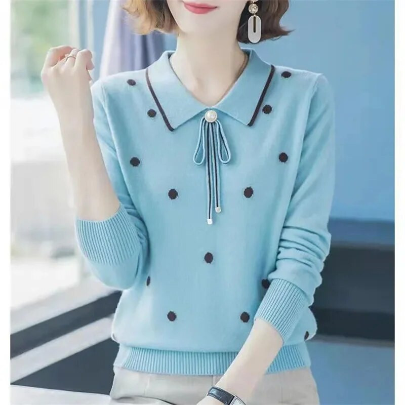 Moteriški megztiniai Nauji 2023 m. pavasario rudens atvartai ilgomis rankovėmis, siuvinėti megzti megztiniai megztiniai Vidutinio amžiaus motinos megztinis trikotažas