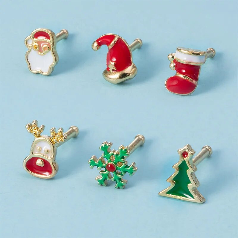 1gab Ziemassvētku dāvanu ķirurģiskas tērauda deguna kniedes sievietēm, kaula deguna pīrsings, rotaslietas, Ziemassvētku Ziemassvētku vecīša deguna gredzeni 2023