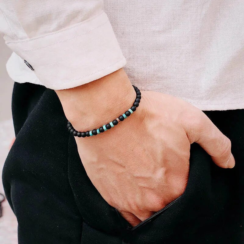 2023 Ανδρικό βραχιόλι με χάντρες από σπόρους 4 χιλ. Μαύρο ματ πέτρινο βραχιόλι Αναψυχής Αξεσουάρ Tiger Eyes Ευέλικτο Braslet Pulsera Hombre Joias