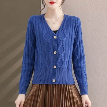 Дамско облекло Пуловер Жилетка 2023 Пролет Есен Ново пристигане Корейска мода с V-образно деколте Едноцветно плетено горнище с дълъг ръкав