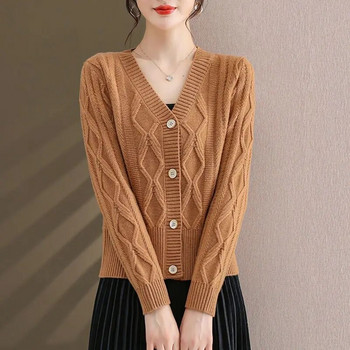 Ζακέτα με γυναικεία ρούχα πουλόβερ 2023 Άνοιξη φθινόπωρο Νέα άφιξη Κορεάτικη μόδα με λαιμόκοψη σε μονόχρωμο πλεκτό μακρυμάνικο μπλουζάκι