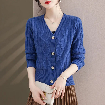 Sieviešu apģērbs Džemperis Jakas 2023. gada pavasara rudens Jaunums Korejas V-veida kakla izgriezuma modes vienkrāsains trikotāžas tops ar garām piedurknēm