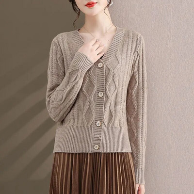 Sieviešu apģērbs Džemperis Jakas 2023. gada pavasara rudens Jaunums Korejas V-veida kakla izgriezuma modes vienkrāsains trikotāžas tops ar garām piedurknēm