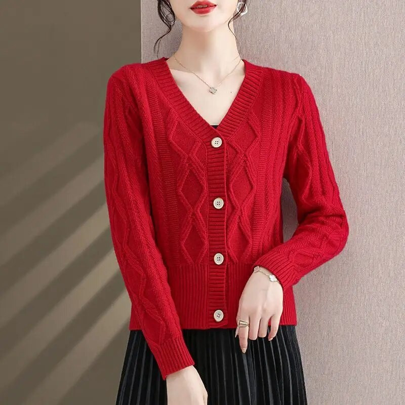 Sieviešu apģērbs Džemperis Jakas 2023. gada pavasara rudens Jaunums Korejas V-veida kakla izgriezuma modes vienkrāsains trikotāžas tops ar garām piedurknēm