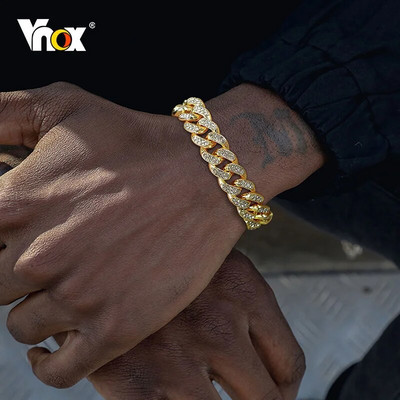 Vnox 12 mm смели кубински верижни гривни за мъже, пълни връзки с кристали, Bling Crystal Curb Chain пънк хип-хоп гривна