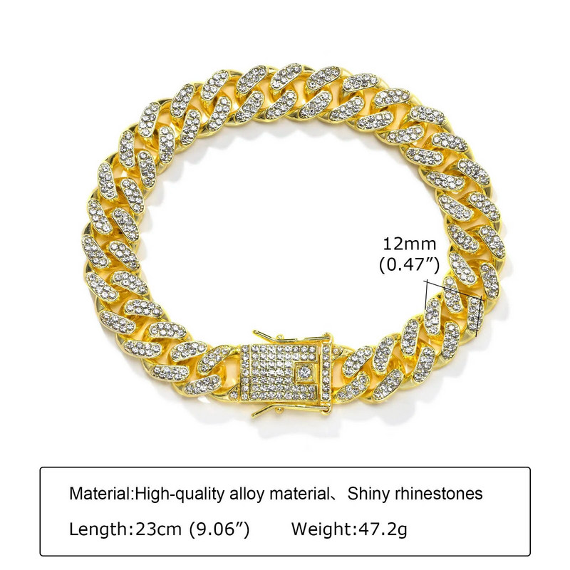 Vnoxi 12 mm paksud Kuuba keti käevõrud meestele, täisjäätud kividest lingid, Bling Crystal Curb ketiga punk hiphop käevõru