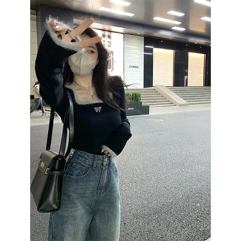 MEXZT Y2K apgriezti trikotāžas džemperi sieviešu kvadrātveida apkakles raibs džemperis korejiešu elegants, plāns trikotāžas gadījuma eleganti džemperi, topi