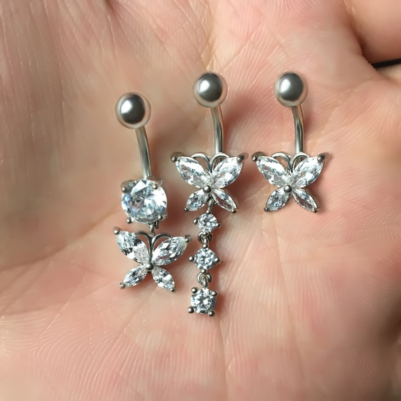 2023 Γυαλιστερό λουλούδι πεταλούδα μενταγιόν ζιργκόν από ανοξείδωτο ατσάλι Δαχτυλίδι με κοιλιά Όμορφα κοσμήματα για το σώμα που τρυπάει τον αφαλό