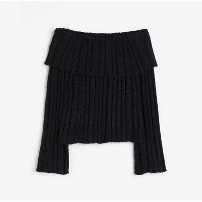 Rievu adīts plecu džemperis sievietēm Modes, balts, silts trikotāžas džemperis ar garām piedurknēm, 2023. gada rudens elegants sieviešu ielas džemperis