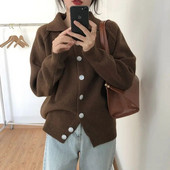 Vintage brīvs džemperis, jakas virsdrēbes sieviešu pavasara/rudens vienkrāsains, daudzpusīgs, vienrindas polo kakla adīts mētelis