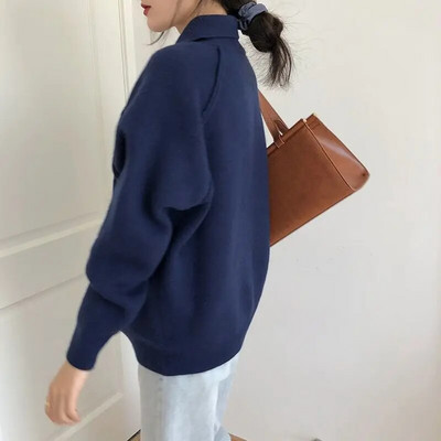 Vintage brīvs džemperis, jakas virsdrēbes sieviešu pavasara/rudens vienkrāsains, daudzpusīgs, vienrindas polo kakla adīts mētelis