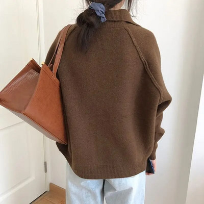 Vintage brīvs džemperis, jakas virsdrēbes sieviešu pavasara/rudens vienkrāsains, daudzpusīgs, vienrindas polo kakla adīts mētelis