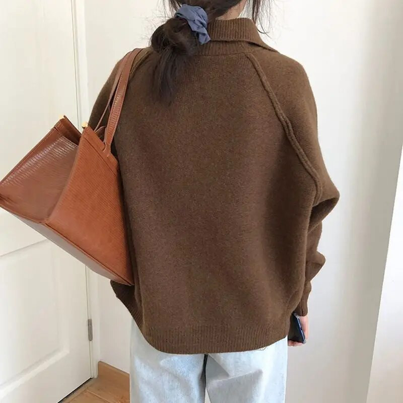 Vintage brīvs džemperis, jakas virsdrēbes sieviešu pavasara/rudens vienkrāsains, daudzpusīgs, vienrindas polo kakla adīts mētelis