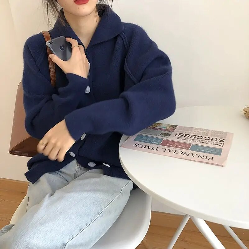 Vintage brīvs džemperis, jakas virsdrēbes sieviešu pavasara/rudens vienkrāsains, daudzpusīgs, vienrindas polo kakla adīts mētelis