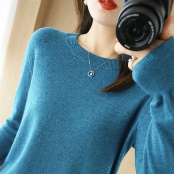 2023 Дамски пуловер Есен Зима Пуловери с дълъг ръкав О-образно деколте Ризи с топла долна част Корейски моден пуловер Трикотаж Меки джъмпери