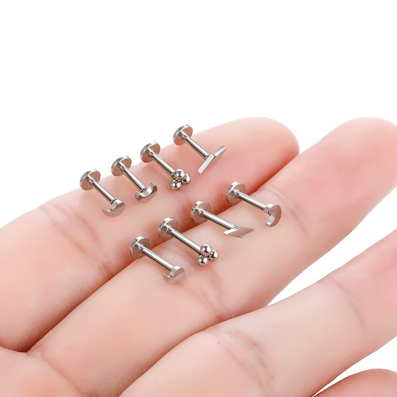 1 tk roostevabast terasest kõrvaaugu Tragus Stud Helix kõhre augustamine sisekeerme valgustus südametäht kuu huule augustamine labret sõrmus