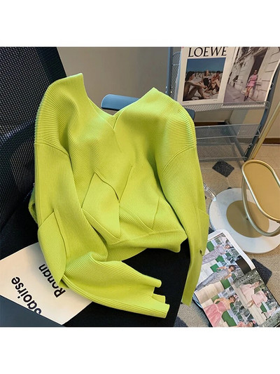 Rudens ziema sievietēm Jauns V veida kakla vienkrāsains rombveida dizains Trikotāžas džemperis Baggy ar garām piedurknēm Sieviešu trikotāžas džemperis Mājīgs