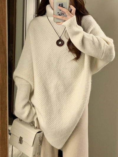 Szabálytalan garbós pulóverek Női Laza elegáns Vintage Egyszerű pulóverek Kötöttáru Temperamentum Trendi Gyengéd Bőrnadrágok Mujer Ősz