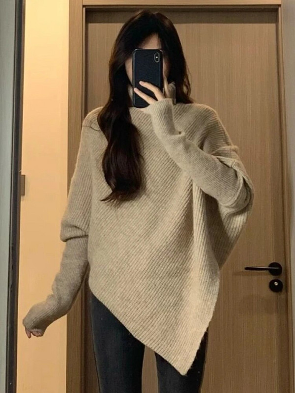 Szabálytalan garbós pulóverek Női Laza elegáns Vintage Egyszerű pulóverek Kötöttáru Temperamentum Trendi Gyengéd Bőrnadrágok Mujer Ősz