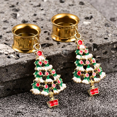 Dooearko 2PCS Ziemassvētku karājas auskari no nerūsējošā tērauda Ziemassvētku eglītes ausu aizbāžņi Tuneļi paplašinātāji ķermeņa pīrsingu rotaslietas