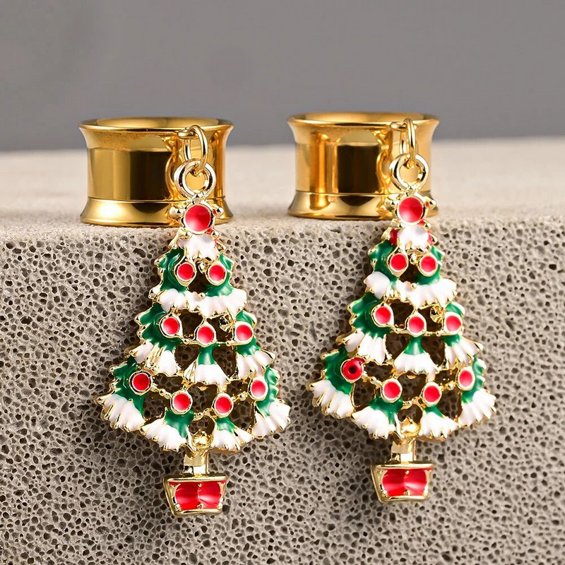 Dooearko 2PCS Ziemassvētku karājas auskari no nerūsējošā tērauda Ziemassvētku eglītes ausu aizbāžņi Tuneļi paplašinātāji ķermeņa pīrsingu rotaslietas
