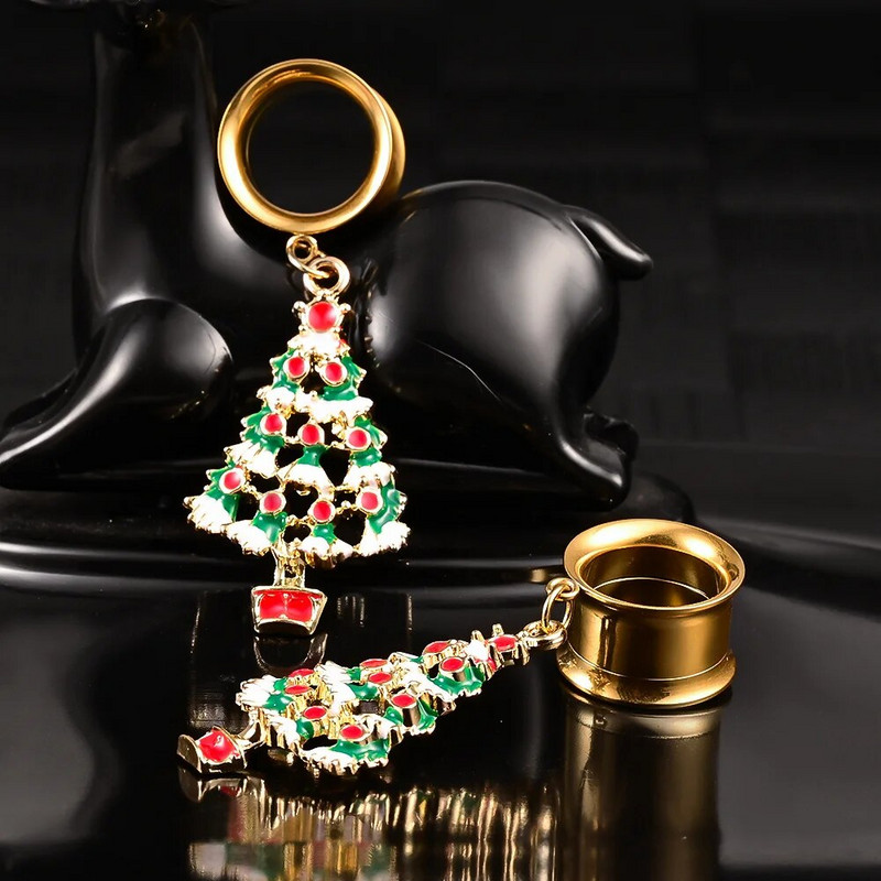 Dooearko 2PCS Ziemassvētku karājas auskari no nerūsējošā tērauda Ziemassvētku eglītes ausu aizbāžņi Tuneļi paplašinātāji ķermeņa pīrsingu rotaslietas