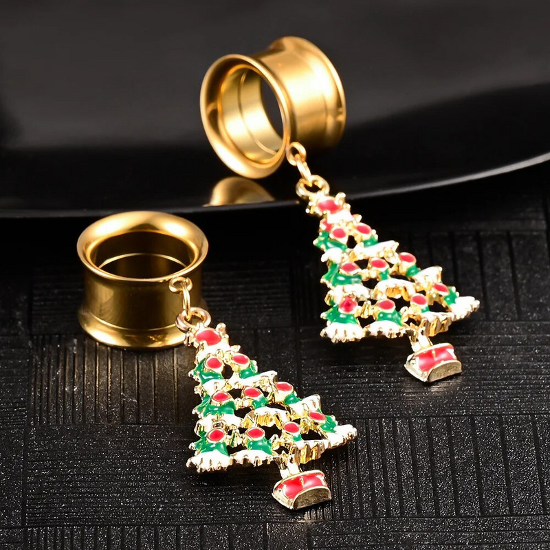 Dooearko 2PCS Ziemassvētku karājas auskari no nerūsējošā tērauda Ziemassvētku eglītes ausu aizbāžņi Tuneļi paplašinātāji ķermeņa pīrsingu rotaslietas
