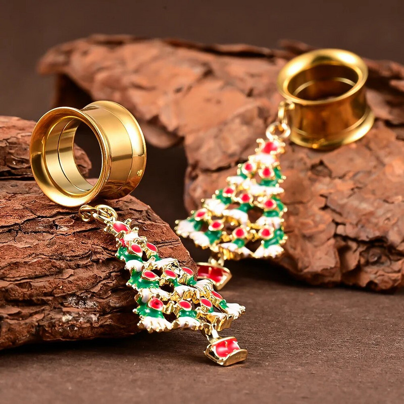 Dooearko 2PCS Ziemassvētku karājas auskari no nerūsējošā tērauda Ziemassvētku eglītes ausu aizbāžņi Tuneļi paplašinātāji ķermeņa pīrsingu rotaslietas