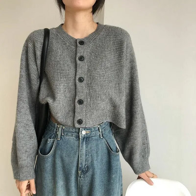 Īss, apaļš kakla slaids trikotāžas jaciņš sieviešu dizaina izjūtai korejiešu stila vintage džemperis jaka pavasara rudens modes tops