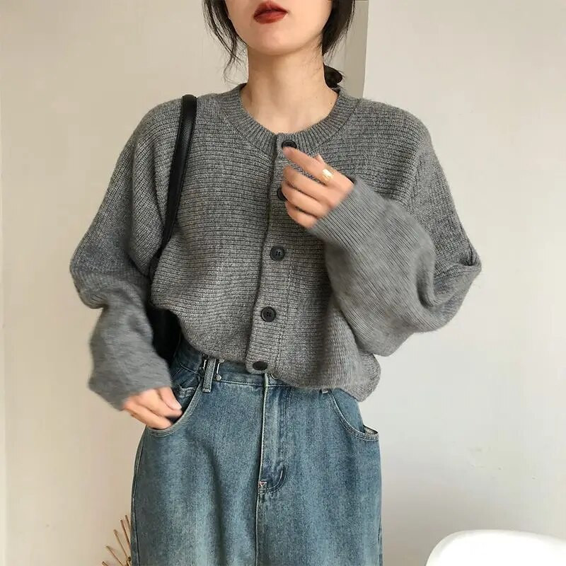 Īss, apaļš kakla slaids trikotāžas jaciņš sieviešu dizaina izjūtai korejiešu stila vintage džemperis jaka pavasara rudens modes tops