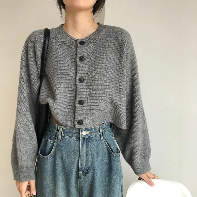 Īss, apaļš kakla slaids trikotāžas jaciņš sieviešu dizaina izjūtai korejiešu stila vintage džemperis jaka pavasara rudens modes tops