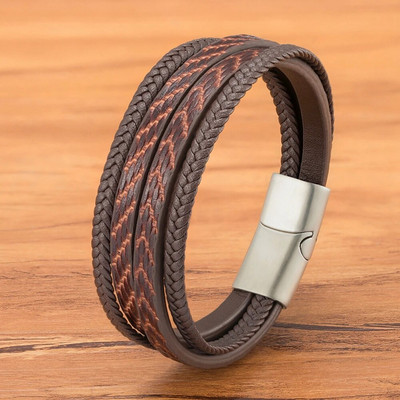 TYO stilingo plunksnų modelio dizaino daugiasluoksnė pintinė odinė vyriška apyrankė nerūdijančio plieno magnetinis užsegimas apyrankės papuošalai, dovana