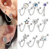 1 buc 20 g mreană chirurgicală Helix cartilaj tragus cercel Daith piercing CZ gemă fluture lanț flori conch ureche Stud bijuterii corp