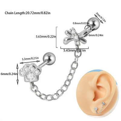1 buc 20 g mreană chirurgicală Helix cartilaj tragus cercel Daith piercing CZ gemă fluture lanț flori conch ureche Stud bijuterii corp