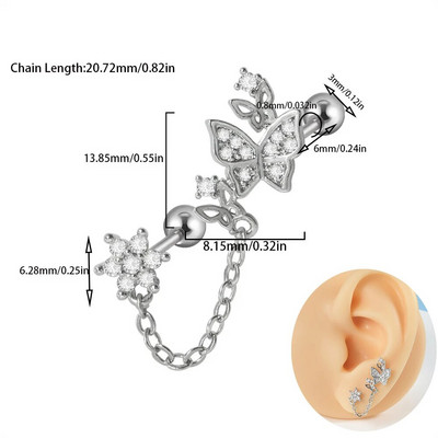 1 buc 20 g mreană chirurgicală Helix cartilaj tragus cercel Daith piercing CZ gemă fluture lanț flori conch ureche Stud bijuterii corp