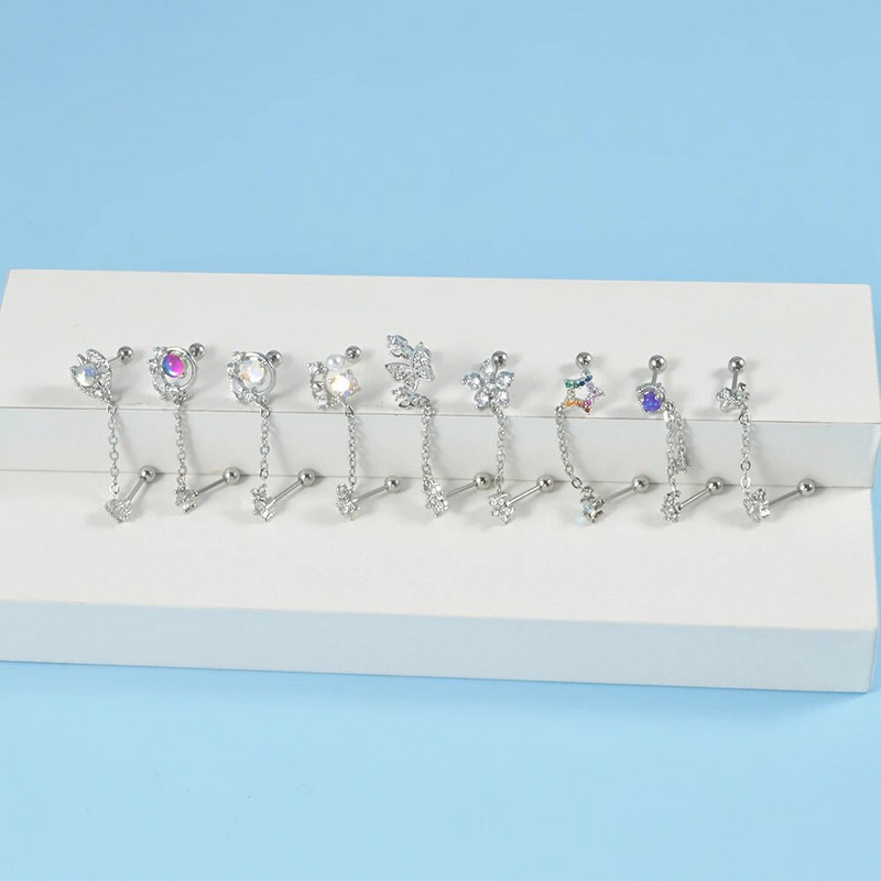 1 buc 20 g mreană chirurgicală Helix cartilaj tragus cercel Daith piercing CZ gemă fluture lanț flori conch ureche Stud bijuterii corp