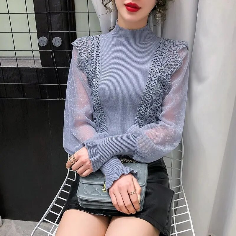 Pavasara un rudens jauns džemperis, tievs siets, laterna, piedurknēm, savilkšanas trikotāžas izstrādājumi ar garām piedurknēm, džemperis sievietēm