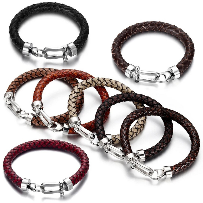 Vīriešu klasiska rokassprādze, pīta īsta āda ar 316 l nerūsējošā tērauda pakavu, omāra aizdare, roku darbs, modes vīriešu rotaslietas