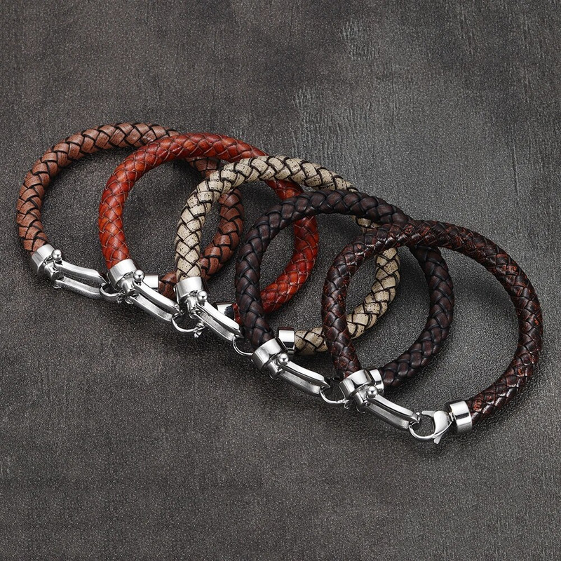 Vīriešu klasiska rokassprādze, pīta īsta āda ar 316 l nerūsējošā tērauda pakavu, omāra aizdare, roku darbs, modes vīriešu rotaslietas