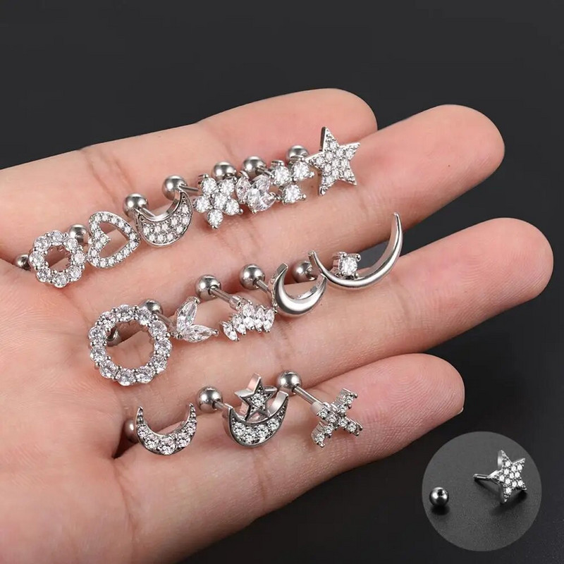 1 DB Cross Star Moon Flower CZ Tragus Porc Piercingek Fül Stud Helix Piercingek Crystal Daith Rook Fülbevaló Női Ékszer 16G