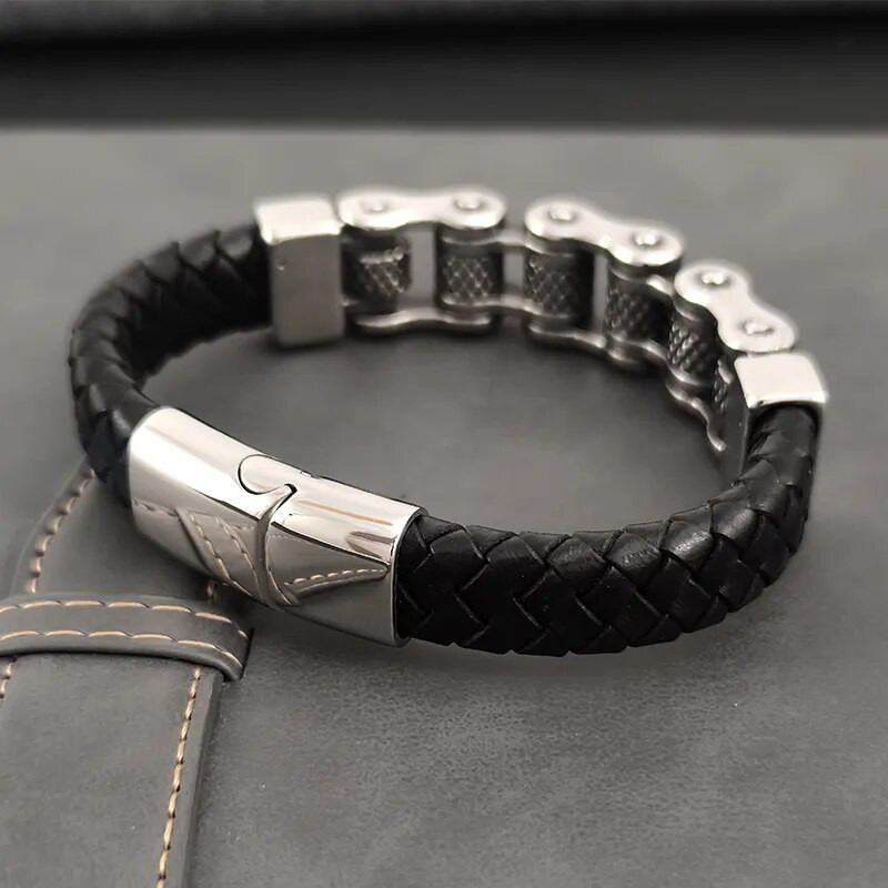 Κλασικό δερμάτινο βραχιόλι με αλυσίδα Locomotive ανδρικό πολυστρωματικό βραχιόλι πανκ μαγνητικό κούμπωμα από ανοξείδωτο ατσάλι για κοσμήματα Friend Charm