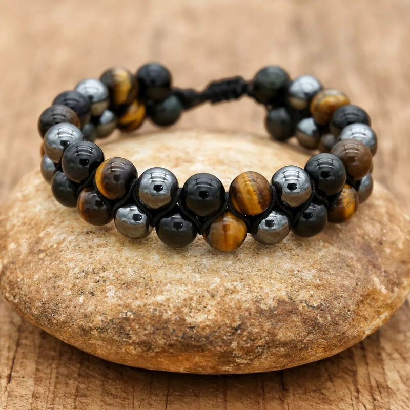 8 mm tīģera acs obsidiāna hematīta dabīgā akmens virves pītās vīriešu rokassprādzes ar rokām darinātas rotaslietas jogas dziedinošs veselības šarms aproce