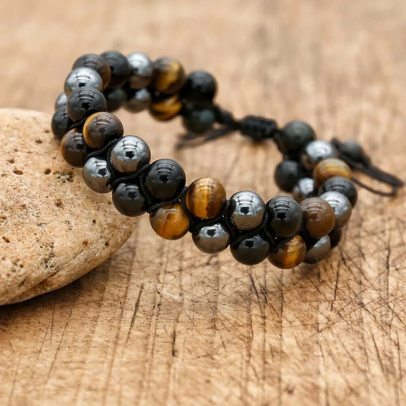 8 mm tīģera acs obsidiāna hematīta dabīgā akmens virves pītās vīriešu rokassprādzes ar rokām darinātas rotaslietas jogas dziedinošs veselības šarms aproce