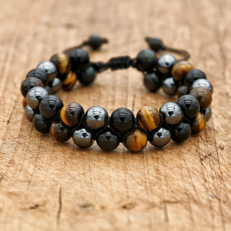 8 mm tīģera acs obsidiāna hematīta dabīgā akmens virves pītās vīriešu rokassprādzes ar rokām darinātas rotaslietas jogas dziedinošs veselības šarms aproce