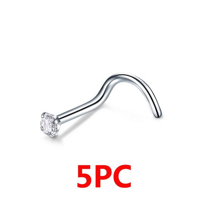 1/5/10 gab. Nerūsējošā tērauda S saliekts deguna tapas gredzens ar apaļu cirkonu sieviešu vīriešu skrūvējamās deguna tapas pīrsings ķermeņa rotaslietas vairumtirdzniecība