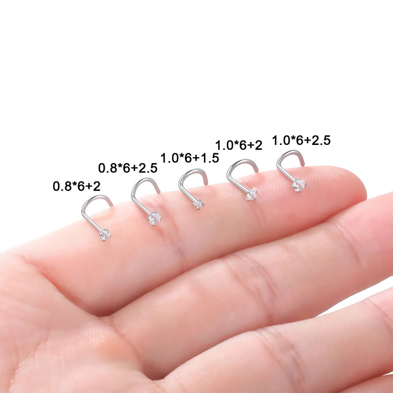 1/5/10 gab. Nerūsējošā tērauda S saliekts deguna tapas gredzens ar apaļu cirkonu sieviešu vīriešu skrūvējamās deguna tapas pīrsings ķermeņa rotaslietas vairumtirdzniecība