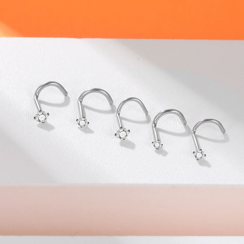 1/5/10 gab. Nerūsējošā tērauda S saliekts deguna tapas gredzens ar apaļu cirkonu sieviešu vīriešu skrūvējamās deguna tapas pīrsings ķermeņa rotaslietas vairumtirdzniecība