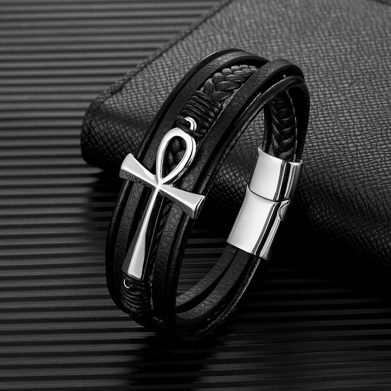 MKENDN paprastas klasikinis kryžius Egipto Ankh gyvenimo simbolis Antikvarinė daugiasluoksnė odinė apyrankė, vyriška 316L magnetinio užsegimo apyrankė