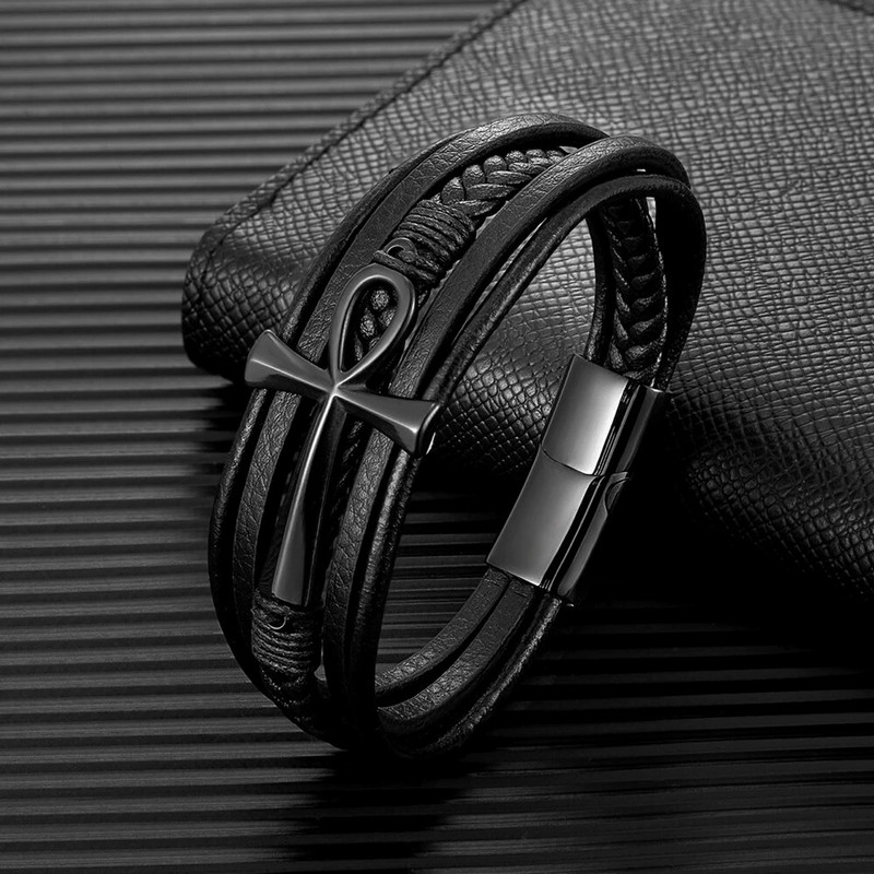 MKENDN paprastas klasikinis kryžius Egipto Ankh gyvenimo simbolis Antikvarinė daugiasluoksnė odinė apyrankė, vyriška 316L magnetinio užsegimo apyrankė